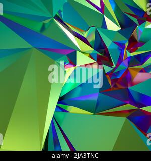 3D Render, abstrakter polygonaler facettierter Hintergrund, grün-blau-rote Kristallstruktur, zerknitterte holografische metallische Folienstruktur, schillernde Kristallisation Stockfoto