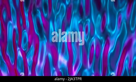 3D Render, abstrakter, gewellter flüssiger Hintergrund, ultraviolette Holographfolie, Benzinoberfläche, rosa blau schillernde Textur, Wellen. Stockfoto