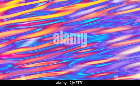 3D Render, abstrakter welliger flüssiger Hintergrund, Regenbogenlava, Sonnenuntergangswasser, ultraviolette Holographfolie, Benzinoberfläche, Stockfoto