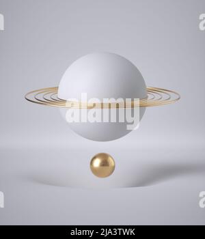 3D Render, abstrakter weißer Hintergrund, minimalistisches Design, sauberer Stil. Schwebende Kugeln, schwebende Kugel, Saturn. Goldene Ringe. Schwerkraft, Bohrung, Grübchen, Stockfoto
