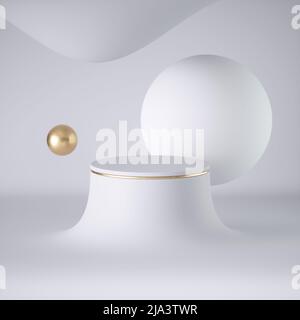 3D Render, abstrakt weißer futuristischer Hintergrund, minimalistisches Konzept, clean style. Schwebende Kugeln, schwebende Objekte. Futuristische Plattform, leerer Zylinder Stockfoto