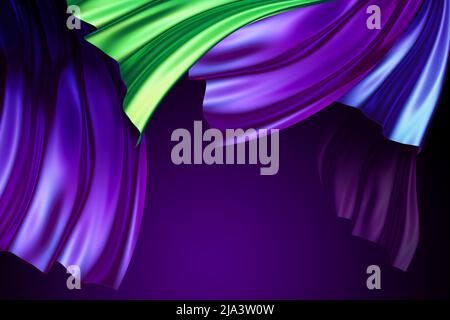 3D Render, abstrakter violettgrüner Hintergrund, Vorhänge, Vorhänge winken, Stofffalten, irisierende Seidenstruktur, Wellen. Stockfoto