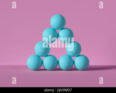 3D Render, Pyramide aus blauen Kugeln isoliert auf rosa Hintergrund. Billard-Spiel. Primitive geometrische Formen. Metapher für Leerstand. Lücke, Leerraum, Bohrung. Stockfoto