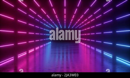 3D Rendering, abstrakter Neonhintergrund, leerer Tunnel mit rosa leuchtenden Linien, langer Korridor, Straße, Performance-Bühne mit reflektierendem Boden, Stockfoto