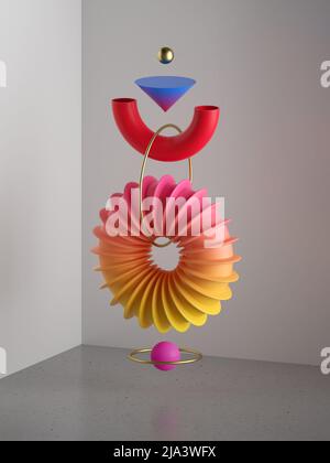 3D Render, abstrakte bunte geometrische Formen, minimalistische moderne Komposition, Anti-Schwerkraft-Gleichgewicht-Konzept, verschiedene schwebender Designelemente, Stockfoto