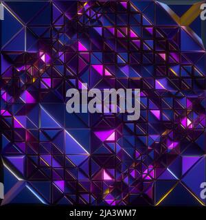 3D Render, abstrakter facettierter Hintergrund, irisierende blaue Metallic-Struktur, Dreieckskacheln, geometrisch kristallisierte Tapete Stockfoto