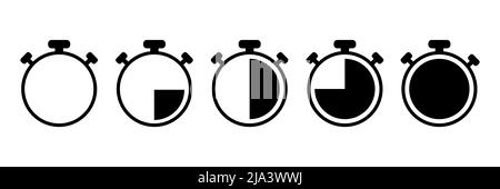 Stoppuhr-Vektor-Symbol eingestellt. Countdown-Timer. Uhrsymbol. Pfeil mit voller Drehung. Symbol für Zeitmanagement. Schild für den Lieferservice. Stock Vektor