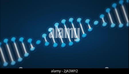 Abbildung des pixeligen digitalen 3D-dna-Strähnens mit zweifacher Helix auf blauem Hintergrund. Stockfoto