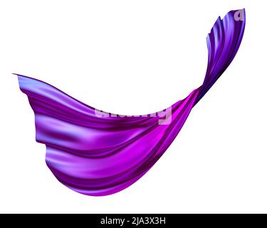 3D Render, abstrakte drapierte Clip Art isoliert auf weißem Hintergrund, lila violette Mode Textil winken, schweben, fliegen. Fallendes Seidentuch, Stockfoto