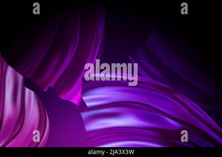 3D Render, abstrakter violett-violetter Hintergrund, Vorhänge winken, Stofffalten, irisierende Seidenstruktur, Wellen. Moderne Mode Textil, Stockfoto