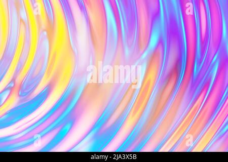 3D Render, abstrakter, gewellter flüssiger Hintergrund, ultraviolette Holographfolie, Petroleum-Oberfläche, rosa blau gelb schillernde Textur, Makrowelligkeit. Stockfoto
