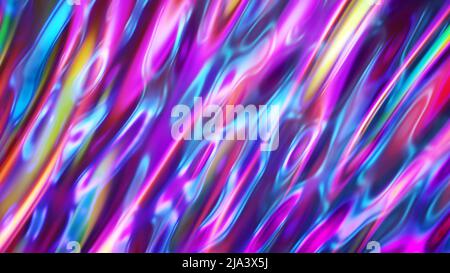 3D Render, abstrakter, gewellter flüssiger Hintergrund, ultraviolette Holographfolie, Benzinoberfläche, rosa blau schillernde Textur, Wellen. Stockfoto