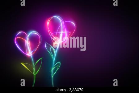 Mehrfarbige Neonlicht Zeichnung, abstrakte Herzform Blumen isoliert auf schwarzem Hintergrund. Leuchtende Linienkunst. Festliches Konzept zum Valentinstag Stockfoto