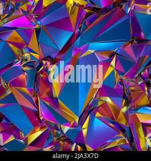 3D Render, abstrakter, polygonaler, pinkblauer Goldhintergrund, Kristallstruktur, zerknitterte, holografische Metallfolie, changierende Kristallbildung Stockfoto