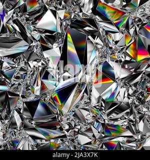 3D Render, abstrakter Kristallhintergrund, Glastapete facettiert, polygonale geometrische Struktur, zerknitterte holografische Textur, Metallfolie, Stockfoto