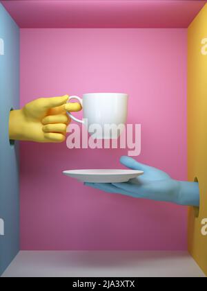 3D Render, blau gelbe Hände mit weißer Tasse und Untertasse, isoliert auf rosa Hintergrund, weibliche Schaufensterpuppe Körperteile in Box, Stockfoto