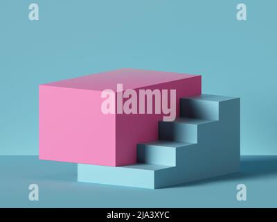 3D Render, abstrakter minimaler Hintergrund. Rosa Stufen, Treppe isoliert auf blau. Leerer Sockel, leeres Podium. Architektonisches Element, isoliertes Objekt, Stockfoto
