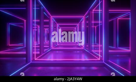 3D Rendering, abstrakter neon-geometrischer Hintergrund, kubische Form, im ultravioletten Licht leuchtende Linien, Hypercube-Konzept, quadratische Kastenkonstruktion Stockfoto