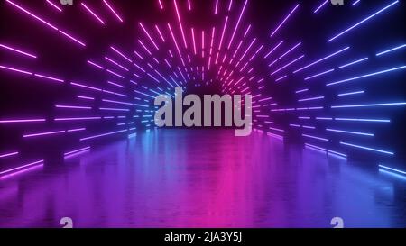 3D Rendering, abstrakter Neonhintergrund, rosa blau leuchtende Linien, ultraviolettes Licht, leerer Tunnel, langer Korridor, Pfad, Straße, Leistungsstufe, Stockfoto