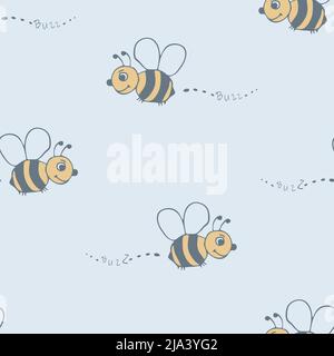 Nahtloses Vektor-Muster mit glücklichen Bienen auf weißem Hintergrund. Einfache niedliche Hummel Tapete Design für Kinder. Dekorative Fun Fashion Textil. Stock Vektor
