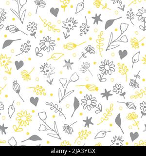 Nahtloses Vektor-Muster mit kleinen Blumen auf weißem Hintergrund. Einfaches, handgezeichnetes florales Tapetendesign. Sommergarten Mode Textil. Stock Vektor