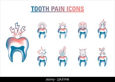 Zahnschmerzen Icon Set, Vektor Icon isoliert auf weißem Hintergrund, Karies Krankheit Konzept, 3D Illustrationen Logo, Piktogramm Set. Stock Vektor