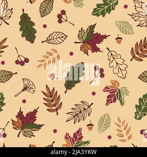 Nahtloses Vektor-Muster mit Herbstblättern auf gelbem Hintergrund. Saisonale Wald Tapete Design. Dekorative Herbstmode Textil. Stock Vektor