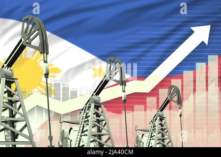 Philippinisches Konzept der Ölindustrie, industrielle Illustration - steigende Grafik im Hintergrund der philippinischen Flagge. 3D Abbildung Stockfoto