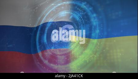 Abbildung des Scan-Scopes und 6g Text über ukrainischen und russischen Flaggen Stockfoto