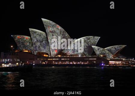 Sydney, Australien. 27. Mai 2022. Vivid Sydney 2022 läuft vom 27. Mai bis zum 18. Juni 2022. Im Bild: ‘Yarrkalpa – Hunting Ground’ erleuchtet die Segel des Opernhauses von Sydney. Kredit: Richard Milnes/Alamy Live Nachrichten Stockfoto