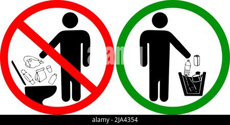 Nicht in der Toilette abfallt Symbol Verwenden Sie Papierkorb statt. Schild sauber halten. Nein, um Müll in die Toilette zu werfen, in der Prohibition Warnung Warnung Vektor Stock Vektor