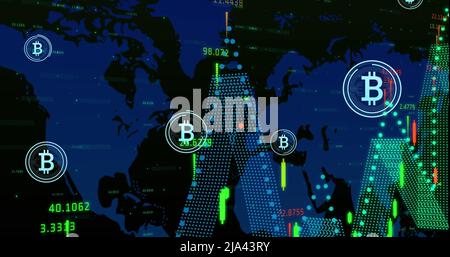 Bild der Datenverarbeitung und Bitcoin-Symbol auf schwarzem Hintergrund Stockfoto
