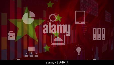 Bild von Finanzdaten und Grafiken über Technologiesymbolen und Flagge chinas Stockfoto