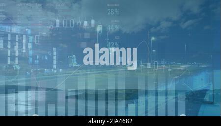 Bild der Datenverarbeitung über dem Stadtbild Stockfoto