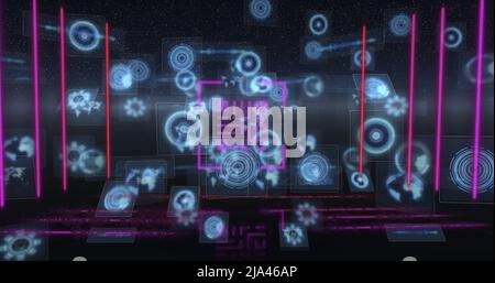 Bild eines Neon-qr-Codes mit Linien über der Datenverarbeitung und dem Scannen des Scope auf schwarzem Hintergrund Stockfoto