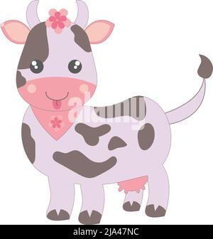 Niedliche braun gefleckte freche Kuh. Isolierter kawaii-Cartoon-Vektor einer gefleckten Kuh auf weißem Hintergrund Stock Vektor