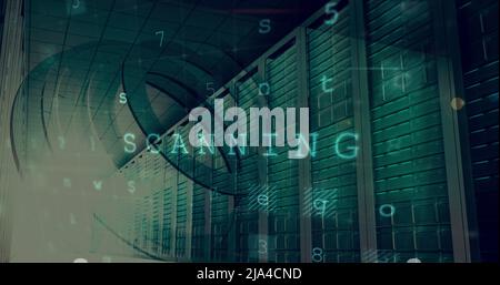 Abbildung der Warnung vor einem Cyber-Angriff über dem Serverraum Stockfoto Abbildung der Warnung vor einem Cyber-Angriff über dem Serverraum Stockfoto