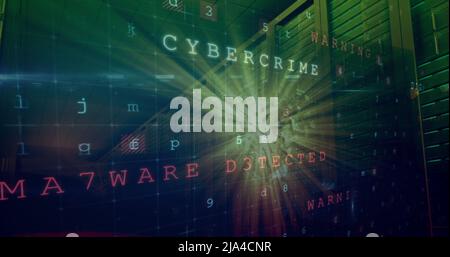 Abbildung der Warnung vor einem Cyber-Angriff über dem Serverraum Stockfoto Abbildung der Warnung vor einem Cyber-Angriff über dem Serverraum Stockfoto