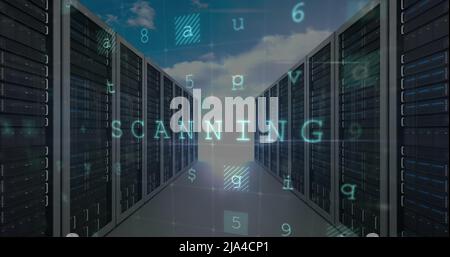 Abbildung der Warnung vor einem Cyber-Angriff über dem Serverraum Stockfoto Abbildung der Warnung vor einem Cyber-Angriff über dem Serverraum Stockfoto