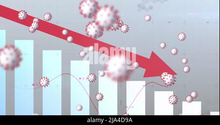 Mehrere covid-19-Zellen, die auf grauem Hintergrund gegen statistische Datenverarbeitung schweben Stockfoto