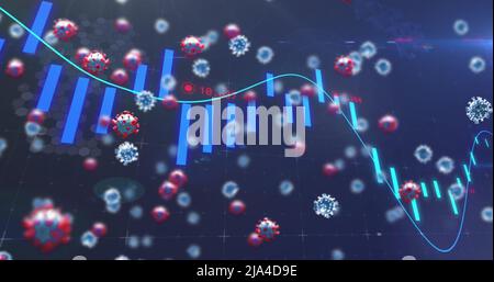Digitales Bild von Covid-19-Zellen, schwimmend und statistische Datenverarbeitung auf blauem Hintergrund Stockfoto
