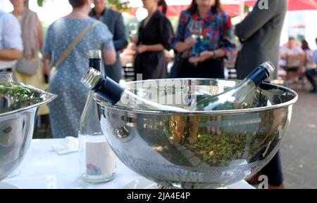 Kühler mit Flaschen Wein und Champagner in ihm bei einem gesellschaftlichen Treffen Stockfoto
