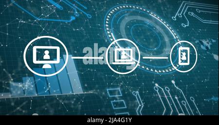 Abbildung von Symbolen mit Netzwerk von Verbindungen, Scan des Bereichs und Datenverarbeitung Stockfoto