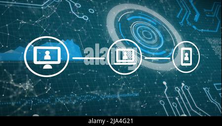 Abbildung von Symbolen mit Netzwerk von Verbindungen, Scan des Bereichs und Datenverarbeitung Stockfoto