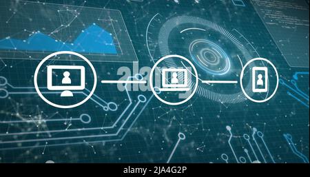 Abbildung von Symbolen mit Netzwerk von Verbindungen, Scan des Bereichs und Datenverarbeitung Stockfoto