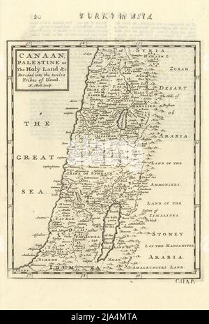 Kanaan, Palästina oder das Heilige Land… Zwölf Stämme Israels. MOLL 1709 alte Karte Stockfoto