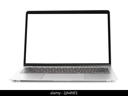 Laptop mit leerem Bildschirm auf weißem Hintergrund, Nahaufnahme Stockfoto