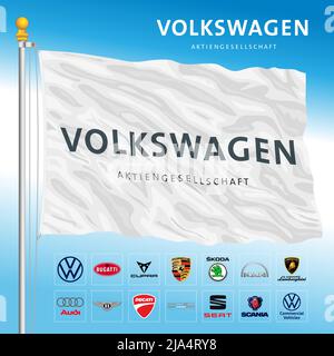 Flagge des Volkswagen Automobilkonzerns und Markenprodukte, Illustration Stockfoto