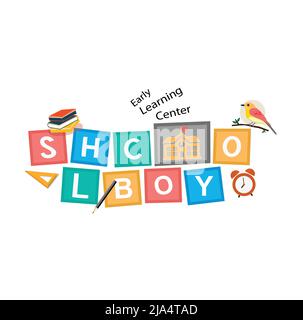 Design-Vorlage für School Boy-Logo. Kinder Schule Junge Vektor-Illustration mit Büchern, Uhr. Stock Vektor