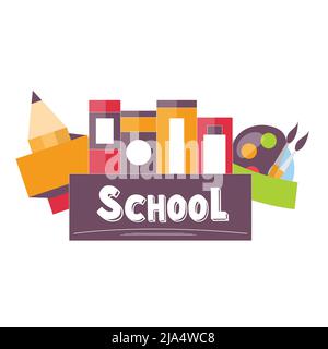 Schullogo-Design. Vektor-Illustration der nationalen Bildung Tag, Bücher, Bleistift und Pinsel Symbole Stock Vektor